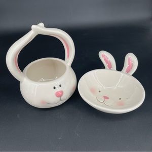 Blossoms & Blooms Ceramic White Bunny Rabbit Head Pink Ears Basket & Candy Dish